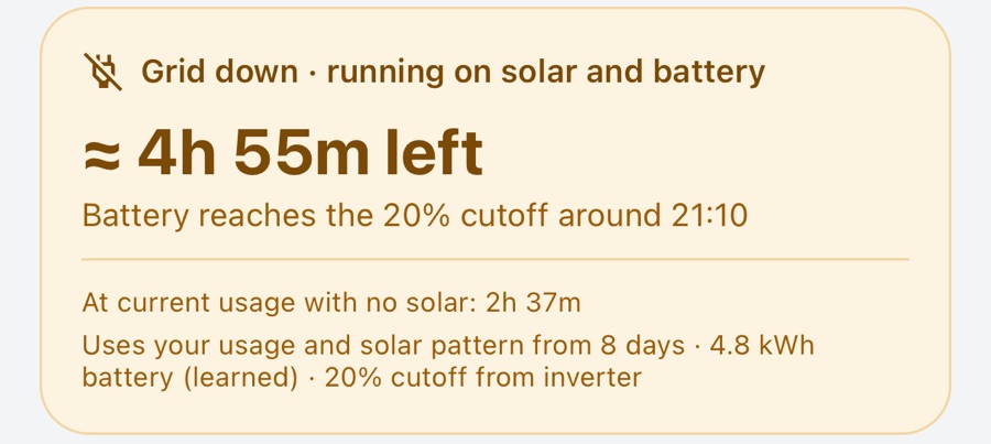 Grid down card showing about 4 hours 55 minutes of battery left