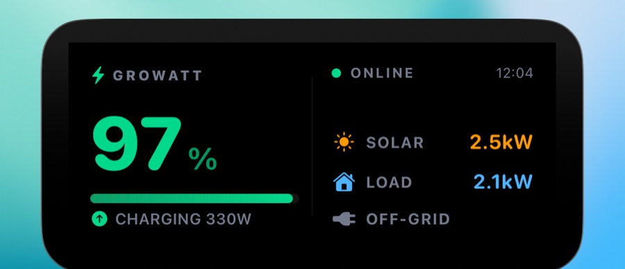 Home screen widget showing 97% battery, solar 2.5 kW, load 2.1 kW, off-grid